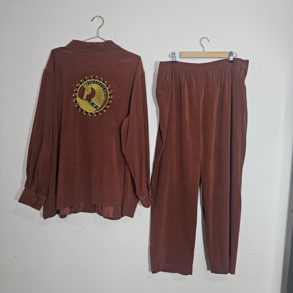 Bob Mackie Wearable Art 2 Pc Pant Set sz 3X Greek Horse Embroidery Rust Brown